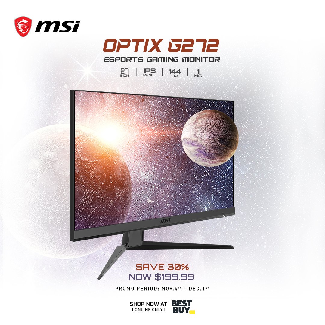MSI Gaming Canada (@msicanada) on Twitter photo Too early for a Black Friday Deal? NEVER! 🥳
MSI is here to help you get ahead of the game this season with savings on products like the Optix G272 Gaming Monitor. 🖥
Shop Now 👉 msi.gm/OPTIXG272
Exclusively at <a href="/BestBuyCanada/">Best Buy Canada</a>, limited time offer/while quantities Last. Too early for a Black Friday Deal? NEVER! 🥳
MSI is here to help you get ahead of the game this season with savings on products like the Optix G272 Gaming Monitor. 🖥
Shop Now 👉 msi.gm/OPTIXG272
Exclusively at <a href="/BestBuyCanada/">Best Buy Canada</a>, limited time offer/while quantities Last.