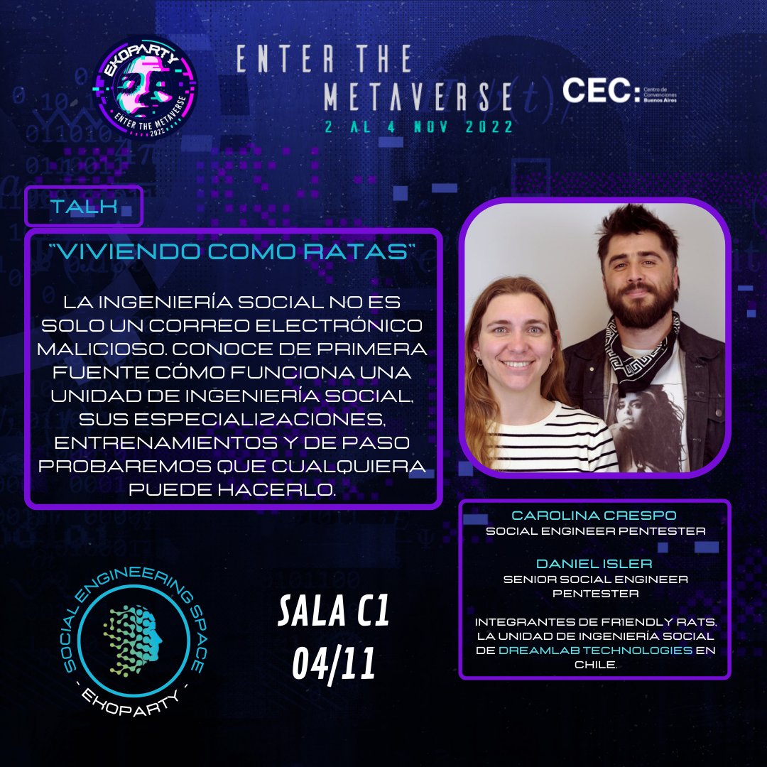 📣 ATENCION!!! 😲
En unos minutos comienza la charla "Viviendo como RATas" en la #SalaC1 con <a href="/Fr1endlyRATs/">Fr1endlyRATs</a> y <a href="/carolina_crespo/">Carucha</a>