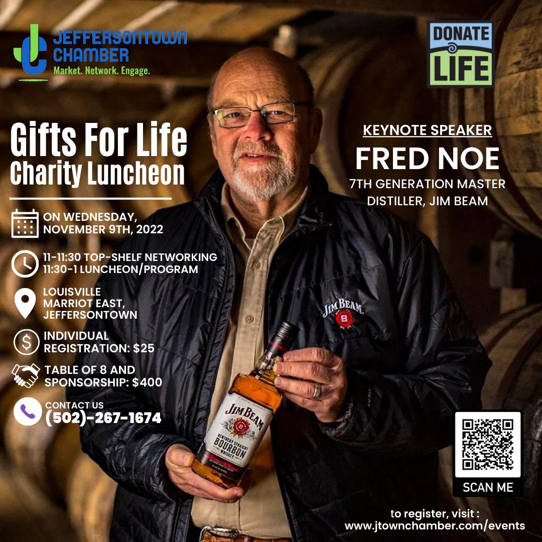 LAST CALL! 
Today is the final day to register and reserve your seat at the Gifts for Life Charity Luncheon. Join us for a Thanksgiving-style meal and hear 7th Generation Master Distiller, Fred Noe, talk about the whiskey-making process.
Register at: jtownchamber.com/events
