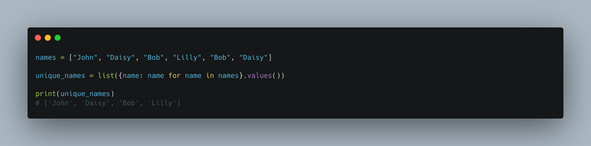 testdrivenio's tweet image. Python clean code tip:
Use a dictionary to remove duplicates from a list and maintain order
👇
