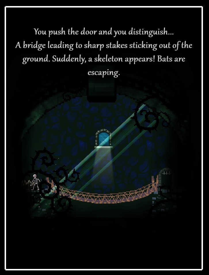 A bridge leading to sharp stakes sticking out of the ground. Suddenly, a skeleton appears! Bats are escaping.
 #gamedevelopment #gamedev #indiedev #indiegame #IndieDevHour #igdev #game #gameart   #indie #IndieWorld #IndieGameDev #pixelart #ProceduralArt