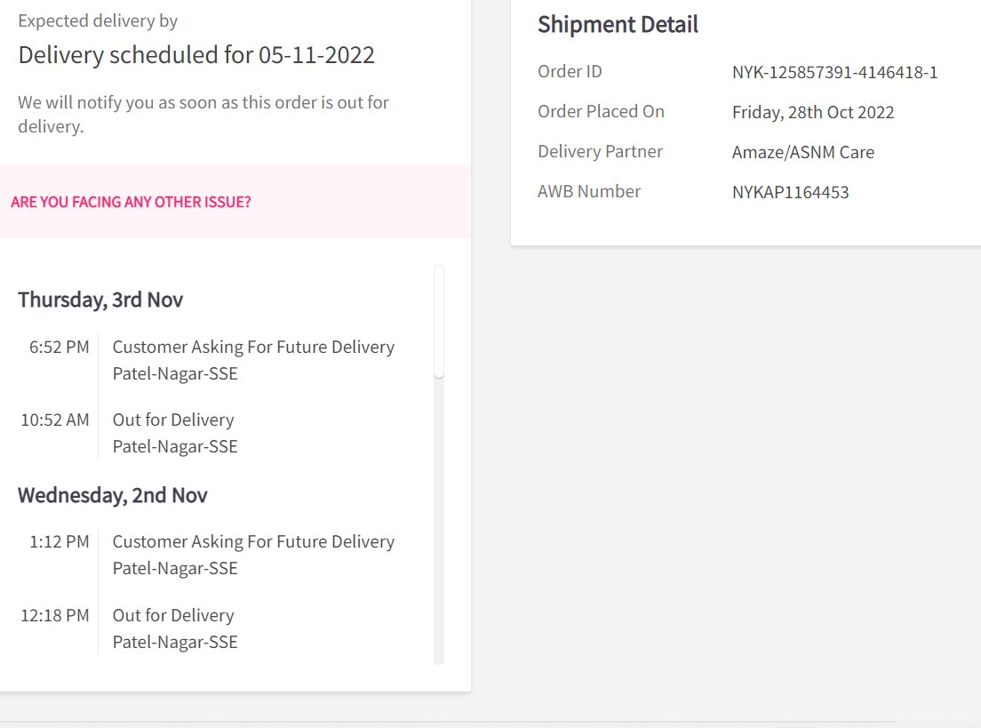drnoni_nonita's tweet photo. @MyNykaa had a #distressing experience, product still not delivered even after repeated complaints. Automatically the delivery is getting rescheduled even though in the delivery agent does not even contact me! #stopusing #nykaa https://t.co/UHv2a1UDsv