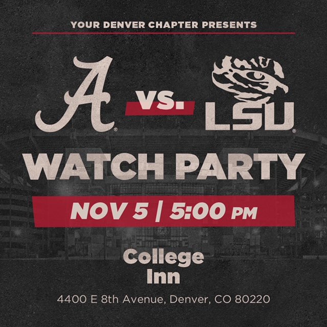 BamaDenver's tweet photo. Huge SEC West showdown tomorrow! Join us at the College Inn to watch the Tide take on the tigers. Must be 21+ #RTR https://t.co/ruliM859oh