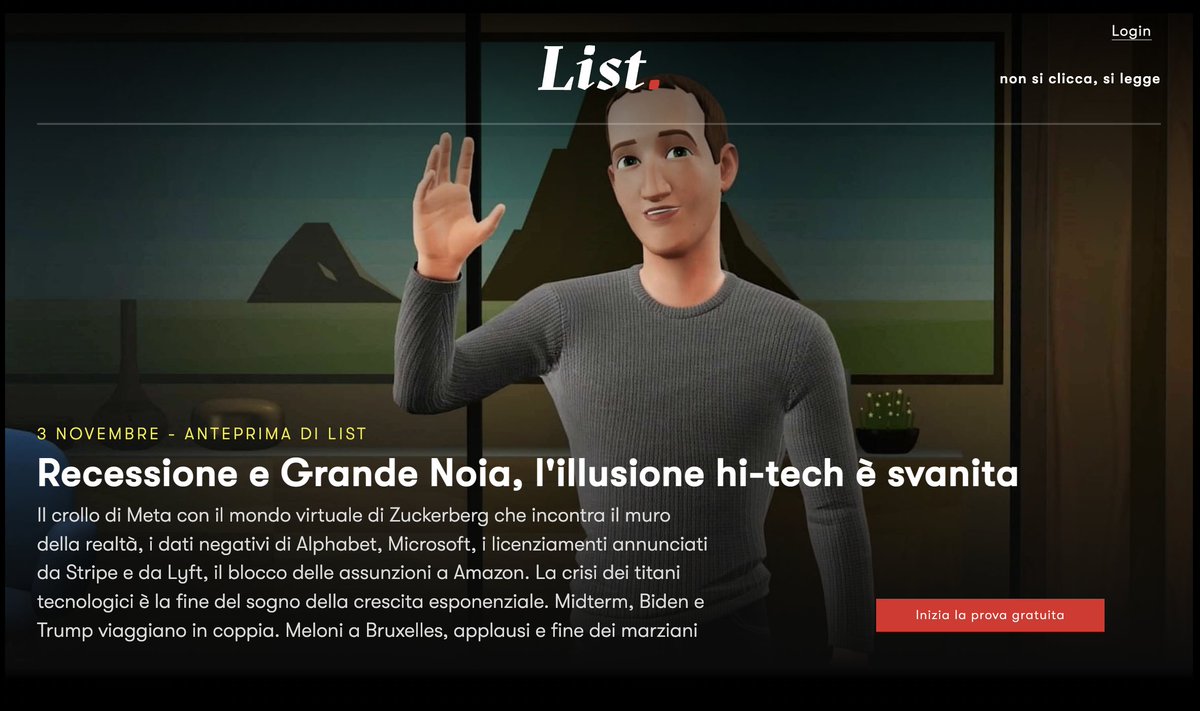 🔴 Recessione e Grande Noia, l'illusione hi-tech è svanita. 

Meta crolla, Amazon non assume, Twitter licenzia. Cosa sta succedendo nel mondo dei titani della Rete. 

Leggi #List newslist.it