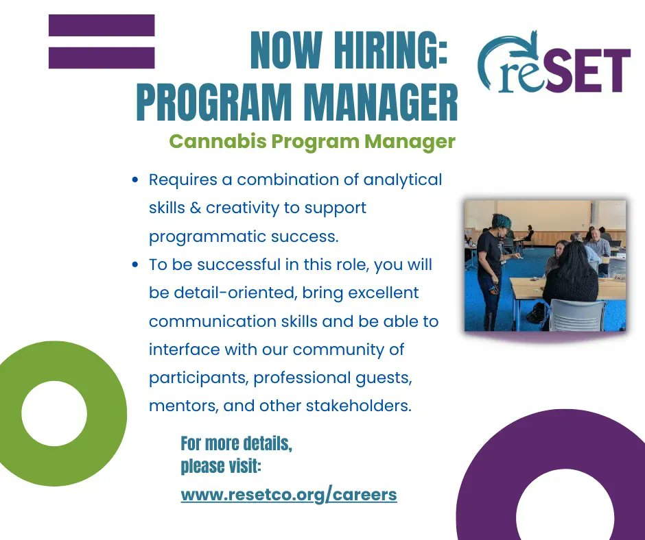 reSET is hiring! Know anyone who would be a good fit for our Cannabis Program Manager? Please spread the word and check out the full job description on our website. More details on the program coming soon....