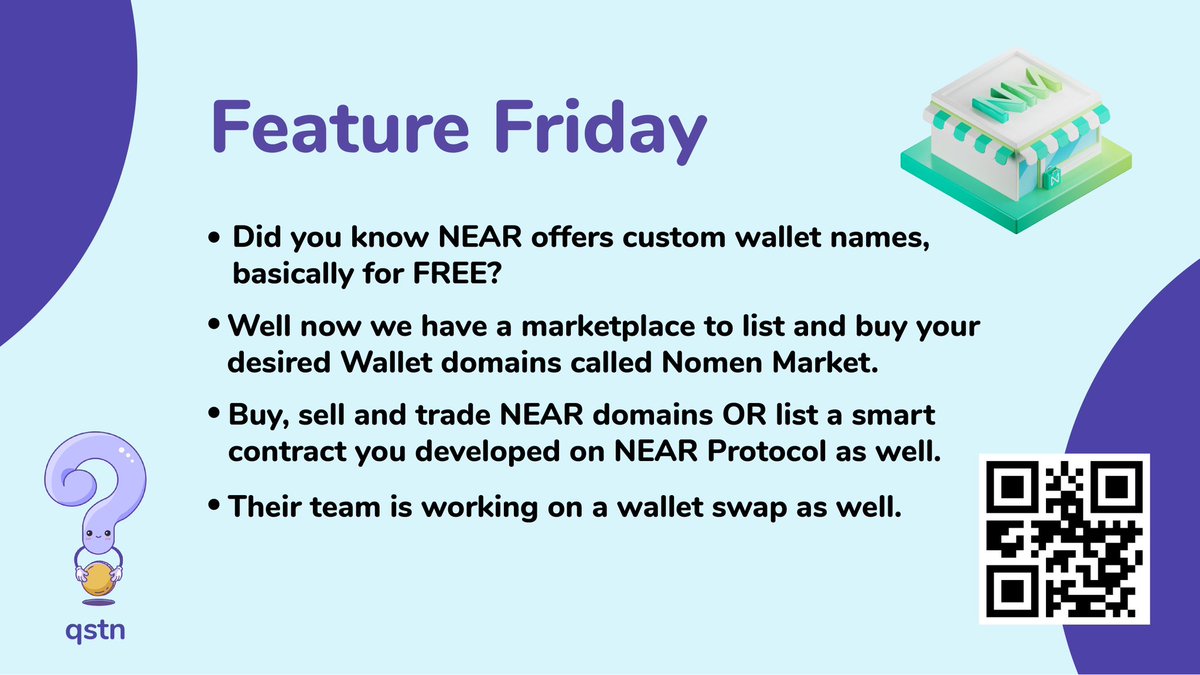 qstnus's tweet photo. 🎊 Feature Friday 🎊 

Did you know $NEAR offers custom wallet names, for FREE?

Introducing @NomenMarket - a marketplace to list and buy desired Wallet domains  🪄 

Buy, sell and trade #NEAR domains OR list a smart contract you developed 👀 https://t.co/f4omnx70GC