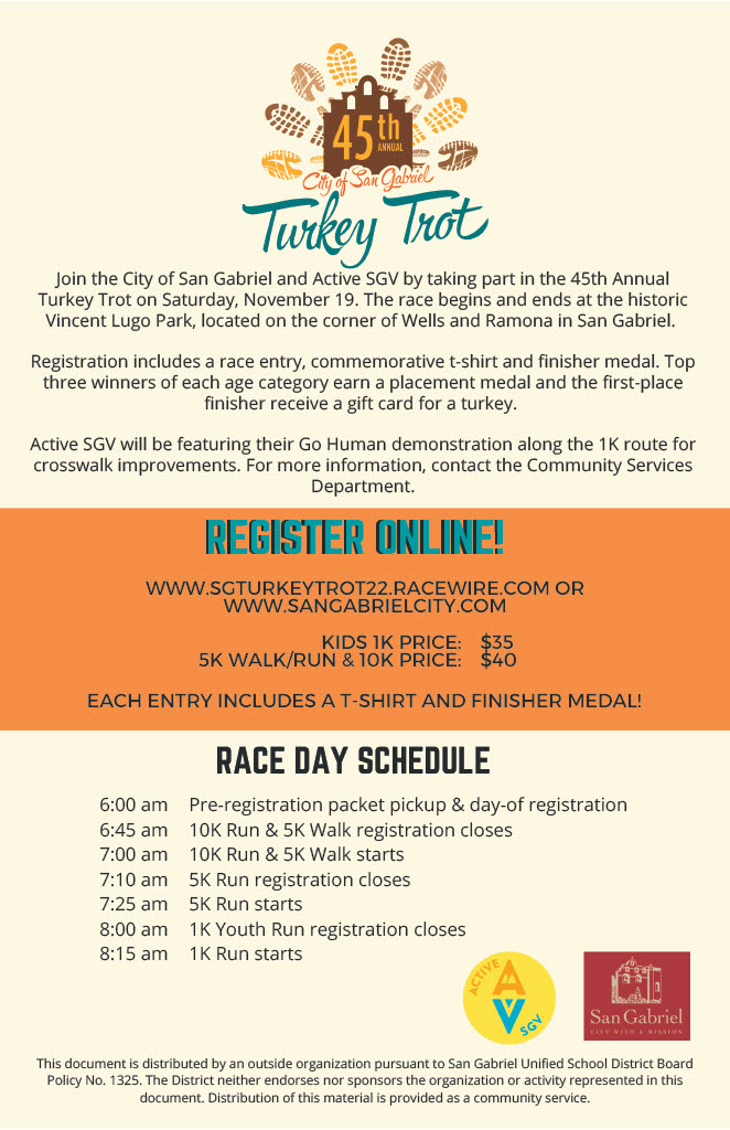 🦃🍂Run now, gobble later! Sign up for our 45th annual Turkey Trot on Nov 19 at Vincent Lugo Park. There will be a 10K run, a 5K run, a 5K walk, and a 1K kids run. Every participant receives a finisher medal, a t-shirt, and refreshments! Register online at racewire.com/register.php?i…