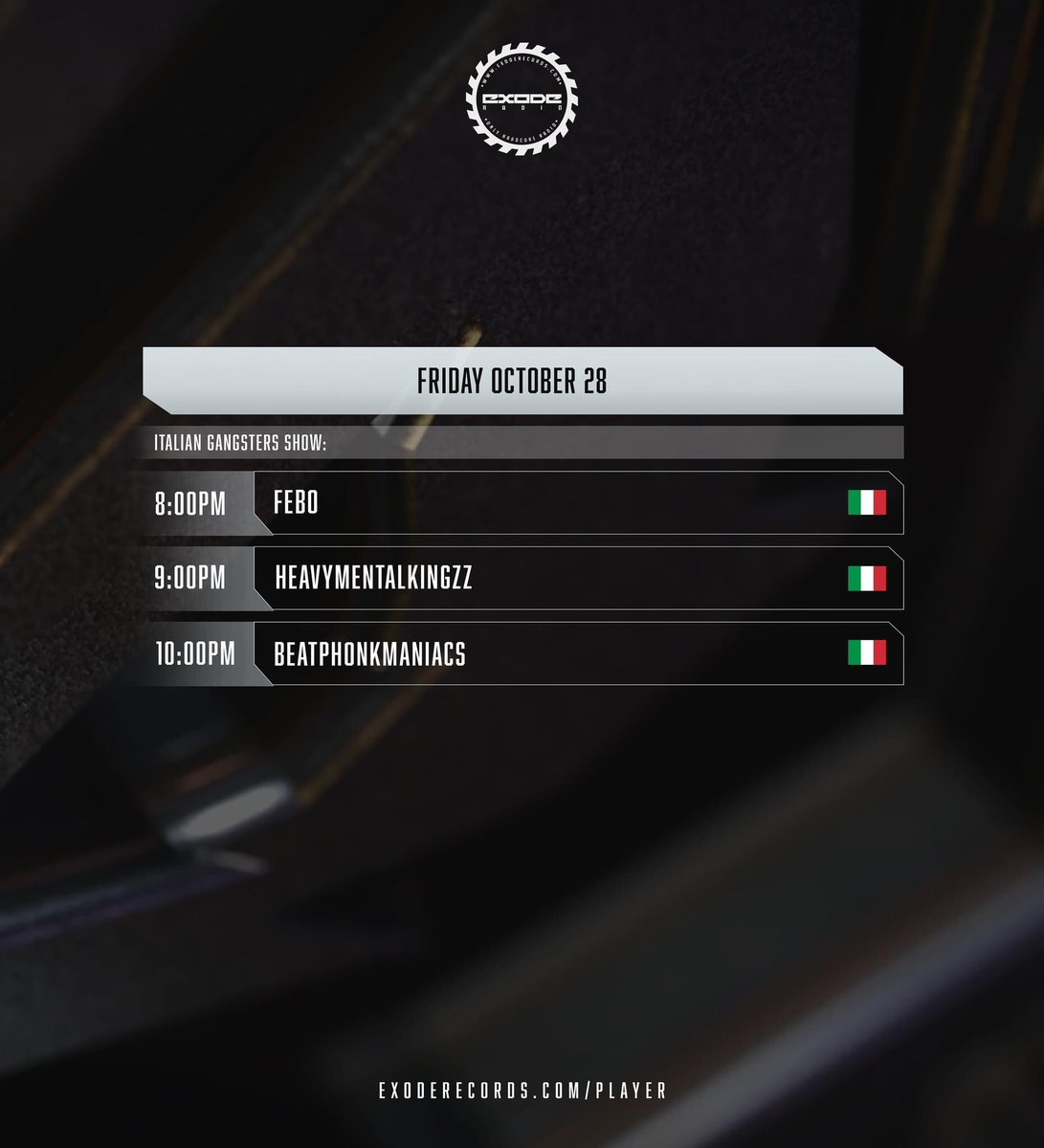 heavymentalhc's tweet photo. Let's start the Weekend 😈 

Second Edition Of the Italian Gangster Show 
Exclusive on Exode Records Radio

08pm: Febo
09pm: HMK
10pm: Beat Phonk Maniacs_BPM

Web Player:
https://t.co/XjZZJfGY9Q

#exoderecords #exoderecordsradio #italiangangsters #show #industrial #hardcore https://t.co/kfol1DlEOi