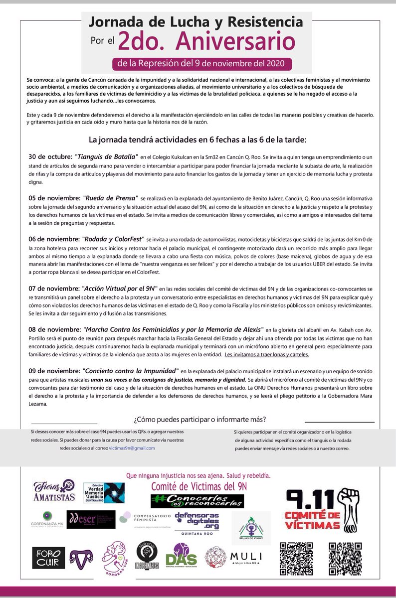 ConocerlesEsRec's tweet photo. #DefenderDerechosSignifica manifestarse en libertad~ 
A dos años de que policías municipales de Cancún, Quintana Roo, dispararan contra manifestantes durante una protesta feminista, alzamos la voz para que las agresiones no queden impunes 👇🏽👇🏽
#ConocerlesEsReconocerles  #9N https://t.co/TsbD6nsdEh
