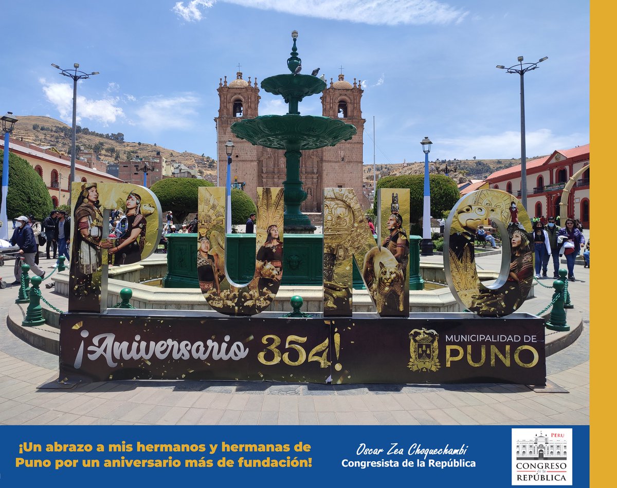 🔵🟡 Mi saludo a mis hermanos y hermanas de #Puno por su 354° aniversario. Un abrazo a cada uno de ustedes. Seguimos trabajando por el desarrollo de esta hermosa ciudad. ¡Muchas felicidades!
