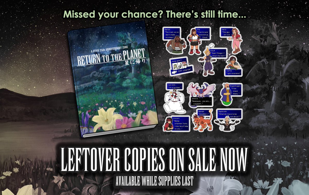 ff7ogzine's tweet photo. Our leftover sale has now started! Visit https://t.co/ezQ7JhWS81 to grab your copy before it's too late! ☄️ https://t.co/QsznWxlyR7