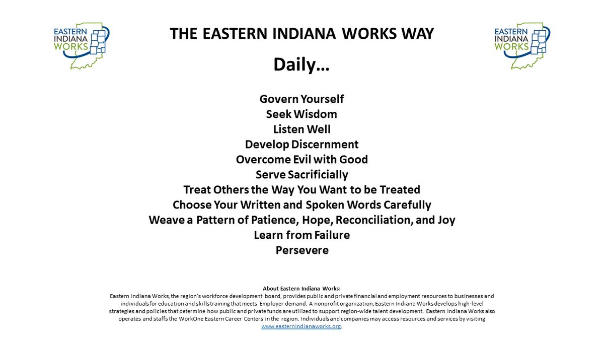 Why is <a href="/EINworks/">Eastern Indiana Works | @EINWorks</a> a leading Intermediary in Workforce Development Innovation? It's our Corporate Culture that provides the <a href="/EINworks/">Eastern Indiana Works | @EINWorks</a> Team with the freedom to fearlessly create. Check it out...