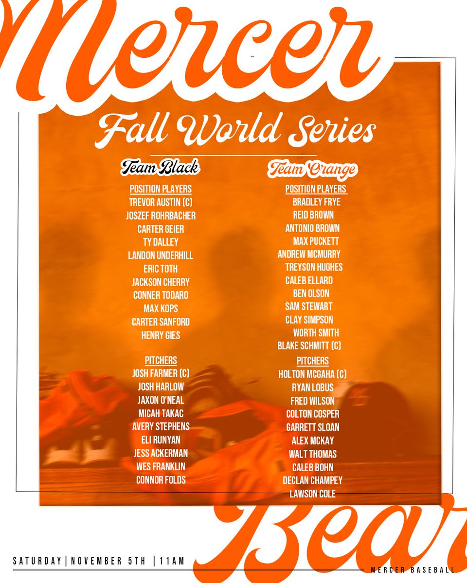 Last chance to see the Baseball Bears this Fall.

Team Orange vs Team Black

🗓 Saturday November 5 
⏰ 11am First Pitch

#WinnersWin #RoarTogether