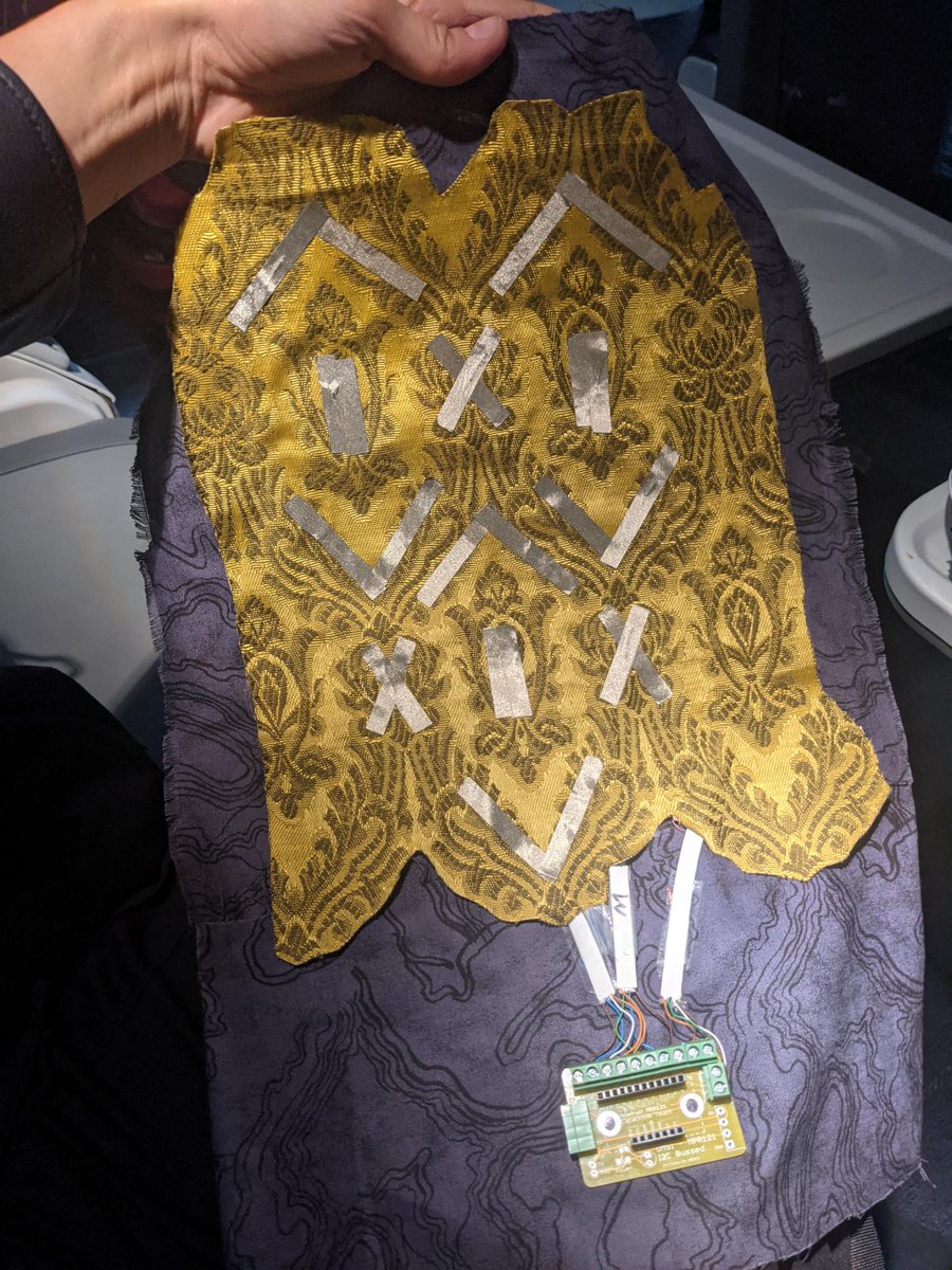 Darcy_Neal's tweet photo. #HackerTrain was a success!  I've been working on a new series of etextile FX pedals using capacitive sensing, which will send MIDI to Ableton for my compact performance rig.  Excited to keep hacking on it at #supercon https://t.co/15pE7Bz3Br