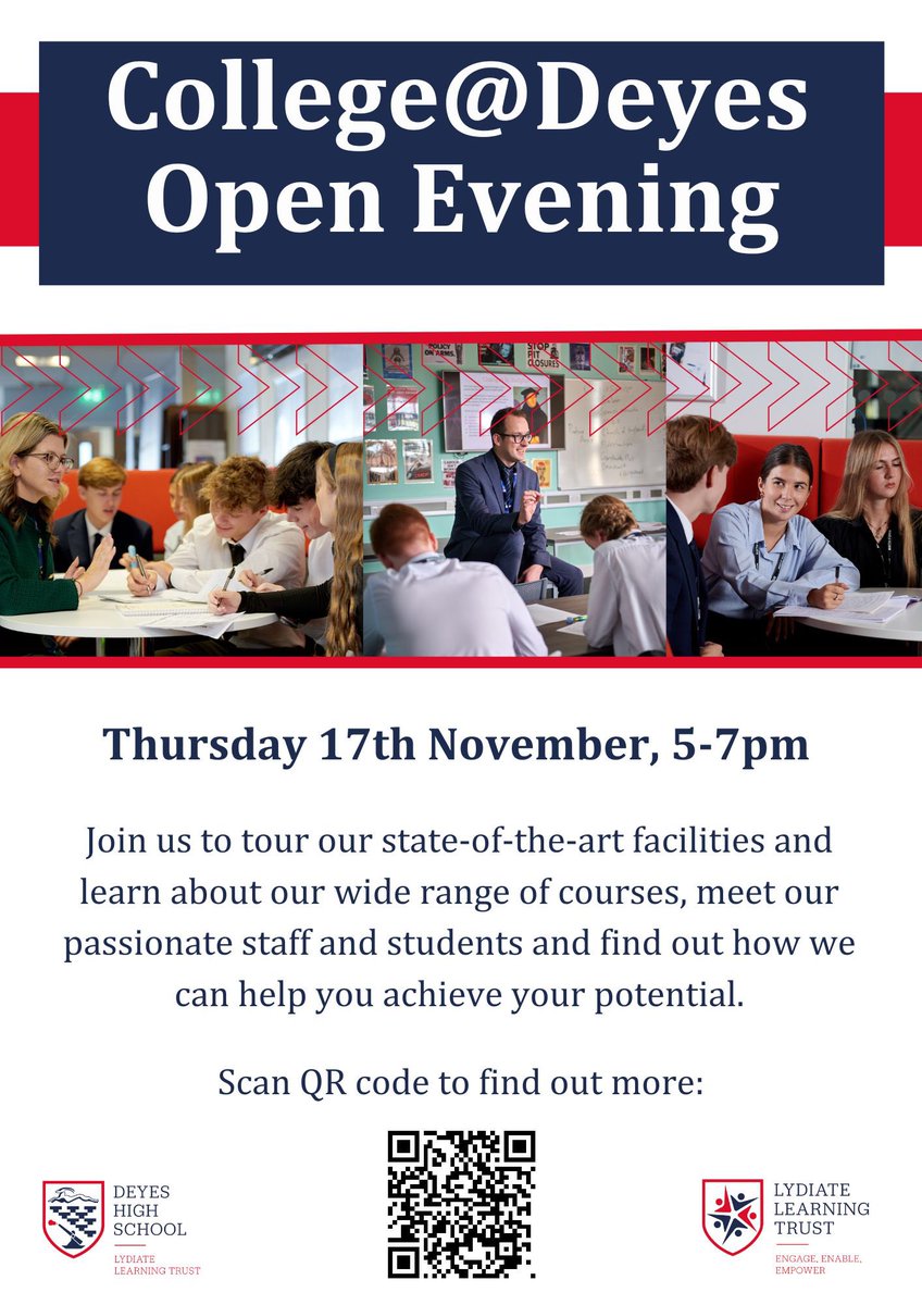 We’re holding our Open Evening, on Thursday 17th November from 5-7pm. Come and experience <a href="/collegedeyes/">College@Deyes</a> and see what we have to offer. Speak to our students, teachers and pastoral team and tour our facilities to find our why we are destination success. <a href="/EducateMag/">Educate Magazine</a> #SixthForm