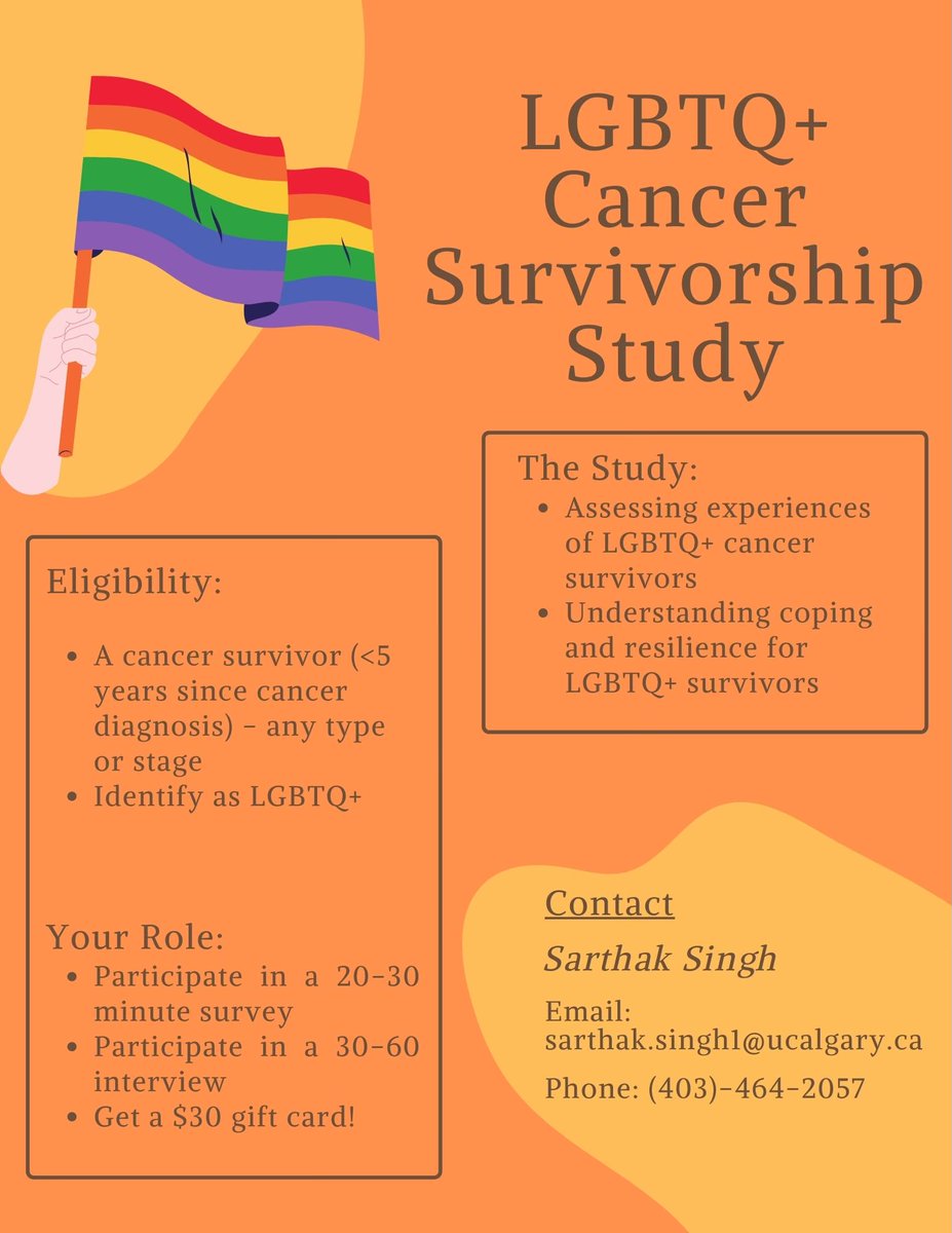 Research participation opportunity!📢

<a href="/sarthaksingh108/">Sarthak Singh</a> &amp; <a href="/Linda_E_Carlson/">Dr. Linda E. Carlson 🇨🇦 🇨🇦</a> are recruiting #cancersurvivors who identify as #LGBTQ+ to participate in a survey and interview

To learn more or to participate, contact <a href="/sarthaksingh108/">Sarthak Singh</a> (info in poster below👇)