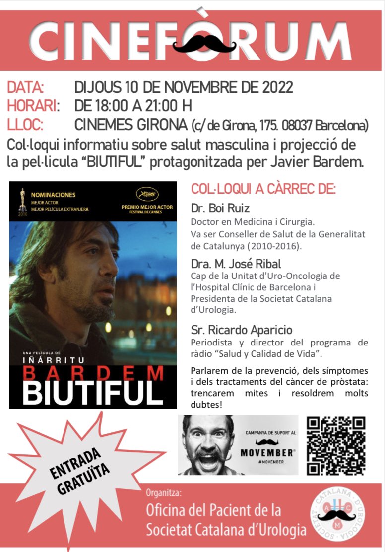 scurologia's tweet photo. Amb motiu del #Movember, apunta’t als Cinemes Girona al col·loqui i a la projecció de la pel·lícula Biutiful dijous 10 de novembre, que organitza l’Oficina del Pacient de la SCU
#salutmasculina 
#càncerdepròstata https://t.co/lhqqzjVfnH