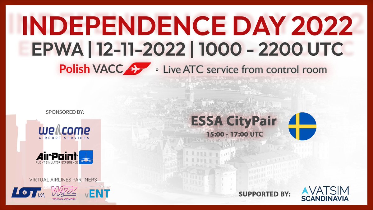 Our friends are celebrating #IndependenceDay2022 with us! During the event you will have a chance to enjoy 4 city-pairs with capital cities of our neighbours!

From 15 to 17 UTC our friends from <a href="/VACCSCA/">VATSIM Scandinavia</a> will open Arlanda (#ESSA) airport! #VATSIM <a href="/VATEUD/">VATSIM Europe Division</a> <a href="/vatsimevents/">VATSIM Events</a> <a href="/VATSIMemea/">VATSIM Europe Middle East Africa Region</a>