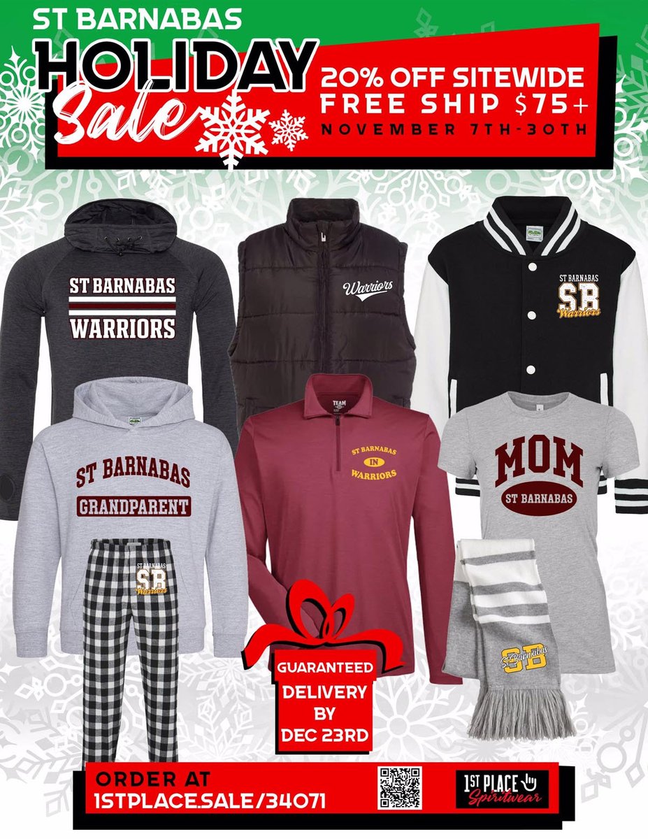 The St Barnabas School holiday sale has begun! Save 20% all November on everything in the store! Choose from hundreds of spirit wear designs and garments, including gift ideas for parents and grandparents. Guaranteed delivery by Dec 23rd! Visit 1stplace.sale/34071.