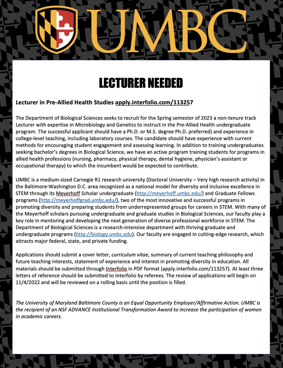 📢The Department of #BiologicalSciences is recruiting a FT, non-tenure track #Lecturer for Spring '23 #umbc #UMBCbiology #mathscience #microbiology #prealliedhealth #lecturerjobs #STEM #baltimore #scienceresearch #universityjobs #govjobs #TeachingJobs #umbcjobs #mdstatejobs