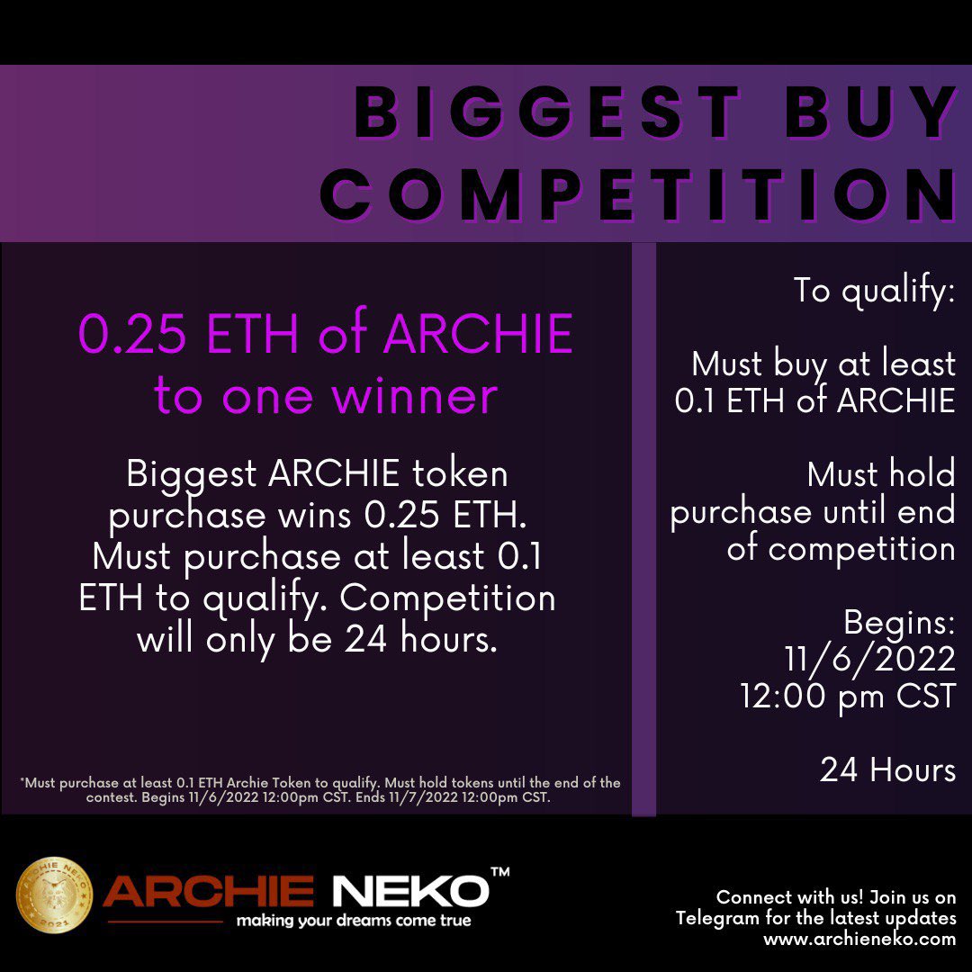 ArchieNeko_'s tweet photo. BIGGEST BUY COMPETITION 

.25 ETH worth of #ARCHIE
to one Winner 

To qualify:
✅ must buy min. .1 Eth of ARCHIE
✅ hold it till contest is over

Starts at: 12:00 pm 11-06-22
Duration:  24 hours

Please RT and add 3 friends 

#ArchieAggregator #ArchienekoNFT https://t.co/uYzMlIXSdd