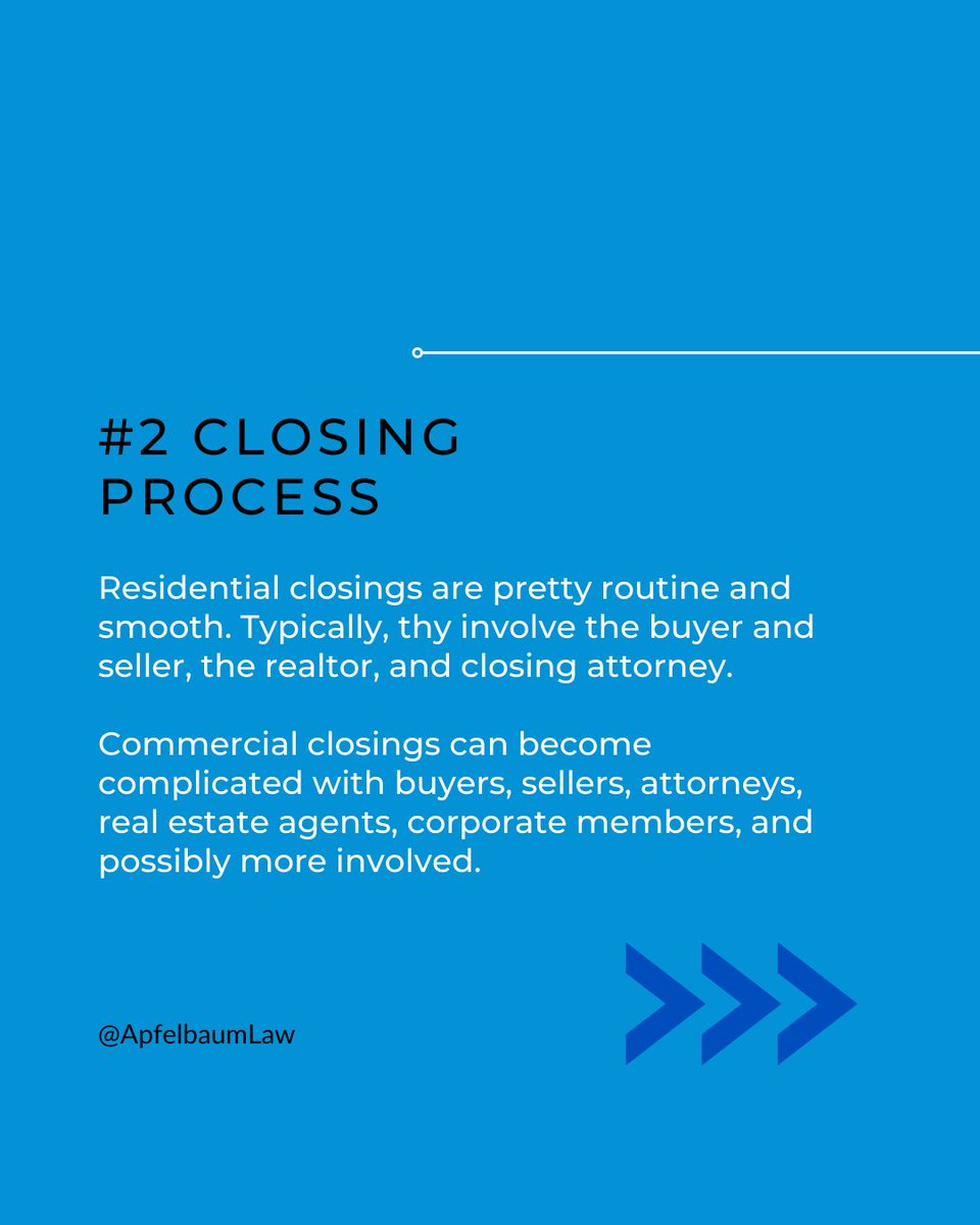 amlawfl's tweet photo. There are several key differences between commercial and residential closings. 

The entire process may be stressful for both buyers and sellers. It's important to be familiar with the different elements involved in the closing process for each before you make a decision. https://t.co/WgkEpfVQ88