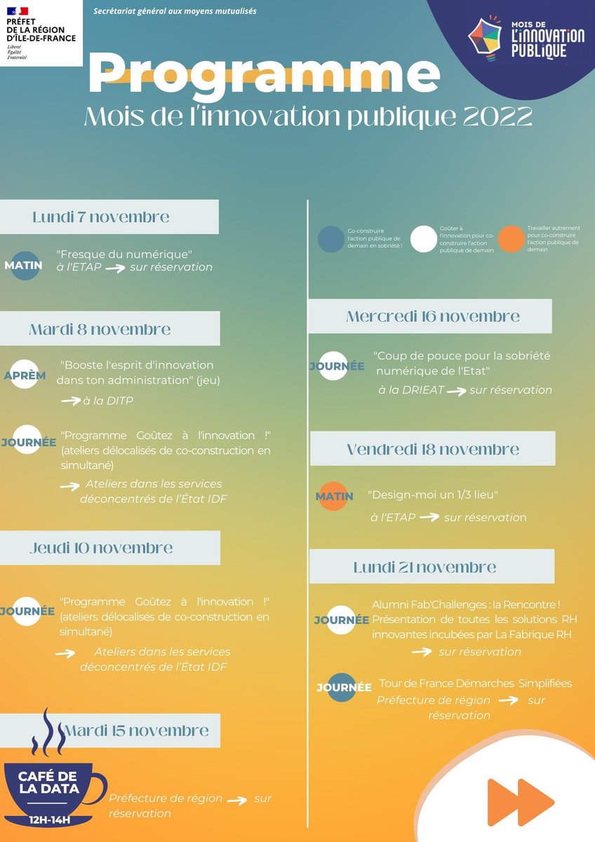 #VendrediLecture 
Voilà de quoi vous tenir en haleine pour le #weekend 🥁le programme de la <a href="/Prefet75_IDF/">Préfecture de la région d’Île-de-France</a> pour le #MoisInnovationPublique 🥁
Il paraîtrait même que les habitants du #Listenbourg sont déjà en train de s’inscrire à nos événements ✌️
<a href="/_DITP/">Transformation publique</a> 
<a href="/Interieur_Gouv/">Ministère de l'Intérieur</a> 
<a href="/dgafp/">Fonction publique 🇫🇷</a>