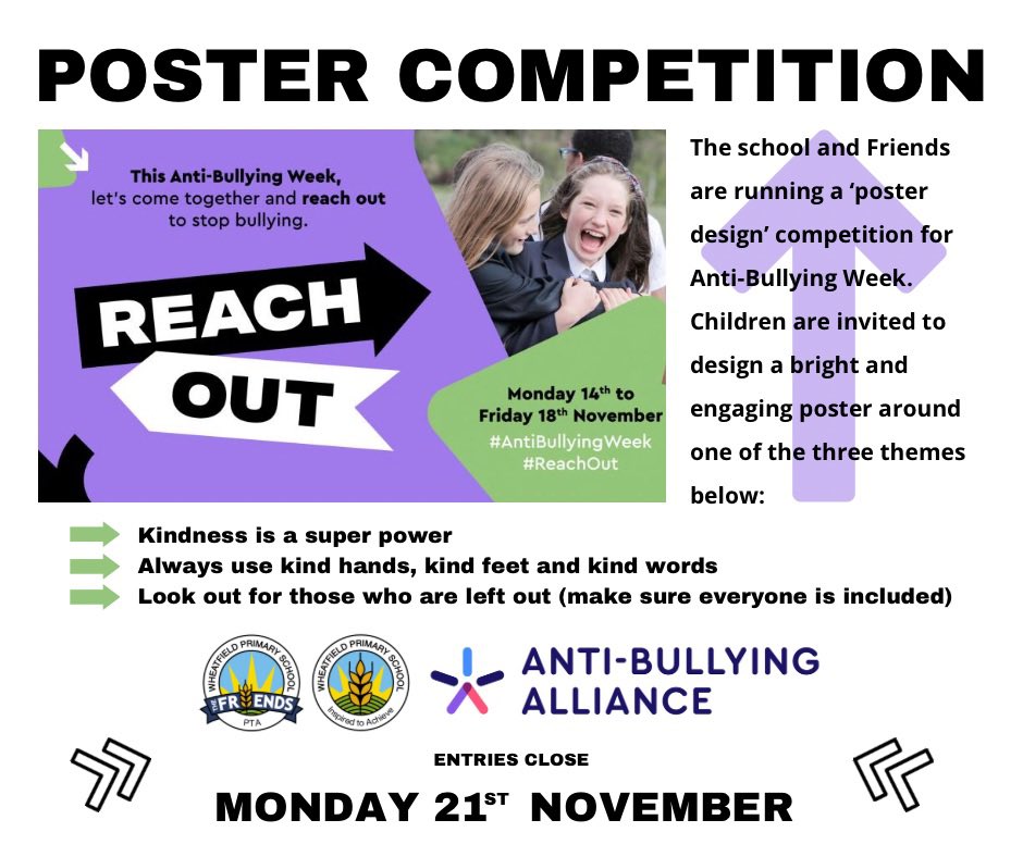 Anti-bullying week is being marked the week beginning Monday 14th November. Children are invited to take part in our poster competition! Closing date for entries is Monday 21/11/22 #AntiBullyingWeek #reachout #bradleystoke #wheatfield