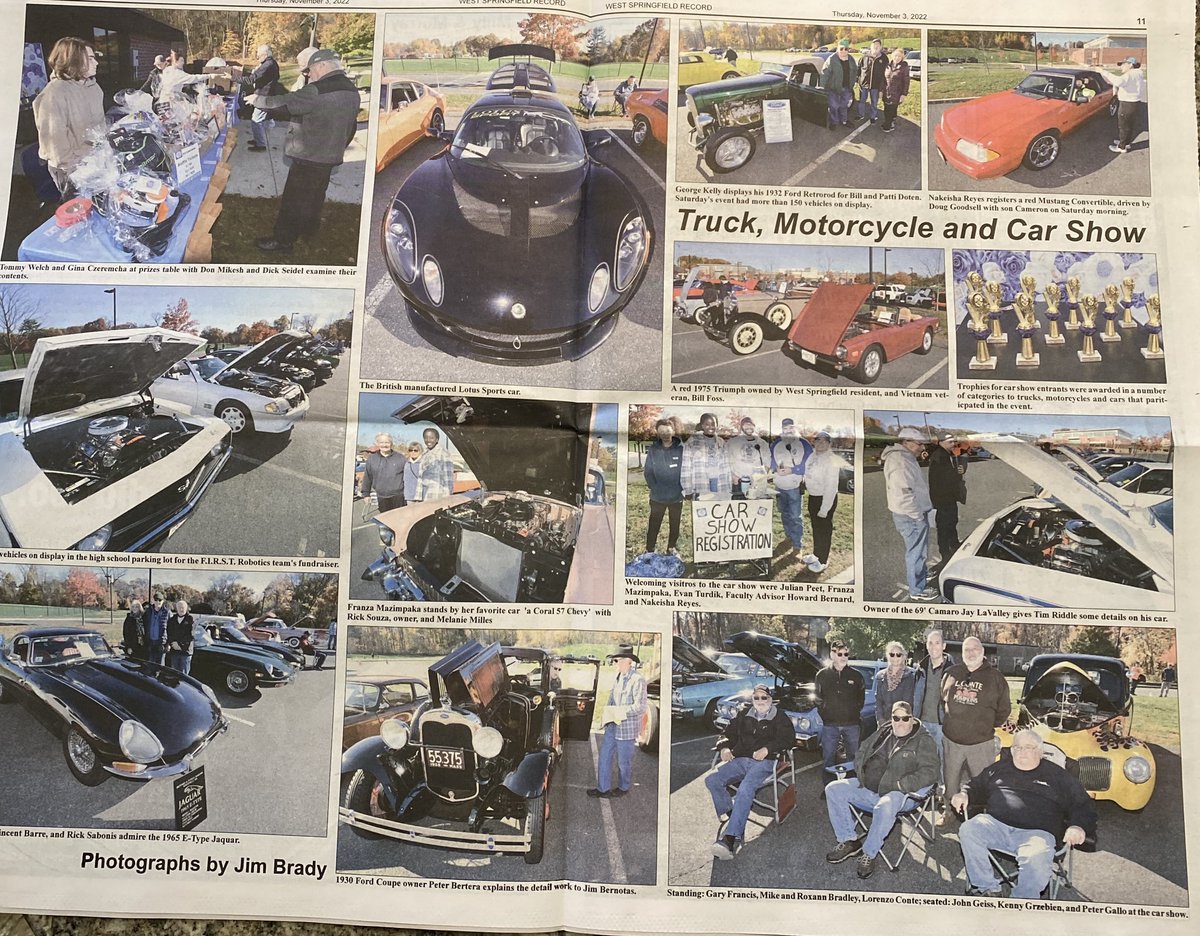 Fantastic coverage (and the front page!) by our hometown newspaper, The West Springfield Record.  Our annual car show was a great success! 🤖❤️ 🚙