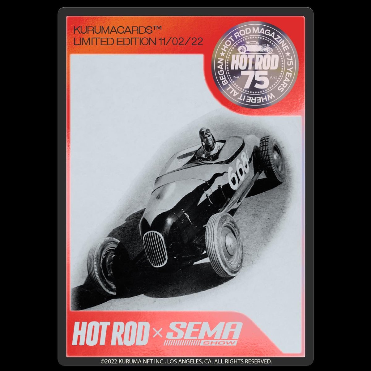 Kuruma_NFT's tweet photo. Almost all of the 750 Kuruma Cards celebrating 75 years of @hotrodmagazine are almost gone! Don’t miss out on this free digital collectible that we just launched at the @SEMASHOW 🃏 https://t.co/FwHY1dcUHM
#kurumanft #kurumaverse #hotrodmagazine #sema #semashow #nft https://t.co/heqg2ez24f
