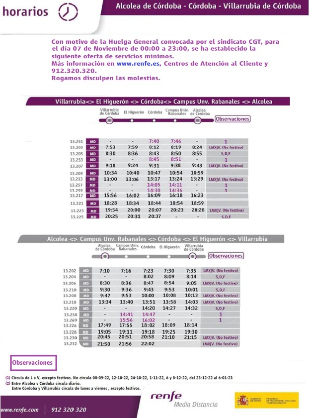 Horarios por la huelga de tren del 7 de Noviembre