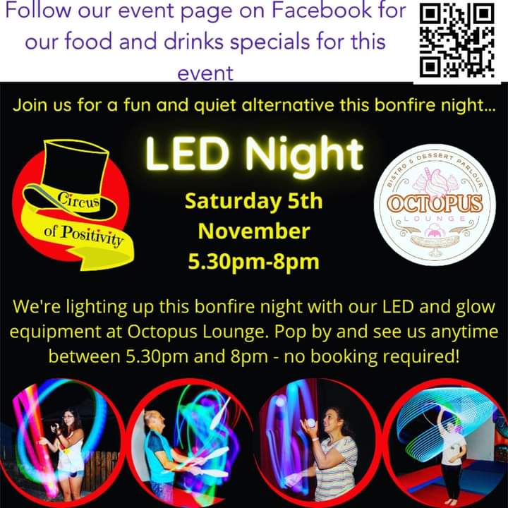 OctopusLoungeNP's tweet photo. Come and see @CircusofPos LED night tomorrow and grab some octopus specials only available for the event 🌭☕
It’s FREE and no need to book, just pop by anytime between 5.30 & 8 🎆🎪
#BonfireNight2022 #AlternativeEvent #specials #circus #OctopusLounge #Newport https://t.co/kUIAya2J6a
