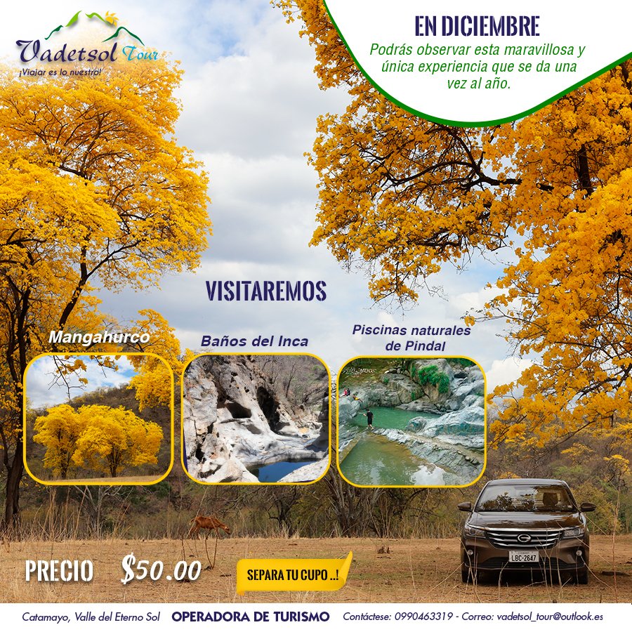 📍🅴🅽 🅳🅸🅲🅸🅴🅼🅱🆁🅴
Estaremos con un día completo para el Florecimiento de los Guayacanes
Visitaremos 
- 𝑴𝒂𝒏𝒈𝒂𝒉𝒖𝒓𝒄𝒐
- 𝑩𝒂ñ𝒐𝒔 𝒅𝒆𝒍 𝑰𝒏𝒄𝒂
- 𝑷𝒊𝒔𝒄𝒊𝒏𝒂𝒔 𝑵𝒂𝒕𝒖𝒓𝒂𝒍𝒆𝒔 𝒅𝒆 𝑷𝒊𝒏𝒅𝒂𝒍
𝑬𝒔𝒄𝒓í𝒃𝒆𝒏𝒐𝒔. wa.link/0l0p5e
#Florecimiento