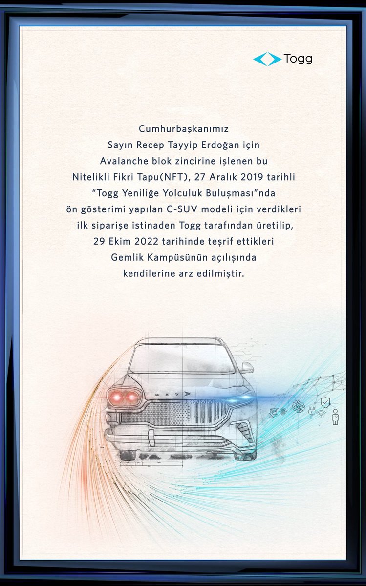 Türkiye'nin otomobiline de son teknoloji hediye yakışırdı.👏 Cumhurbaşkanımız Sn. @RTErdogan'ın yeni nesil teknoloji #Togg’un ilk siparişine istinaden oluşturulan #NitelikliFikriTapu'yu Cumhurbaşkanımız adına @dijital olarak teslim aldık. <@Togg2022> 👉🏻 ddo.link/Togg-NFT