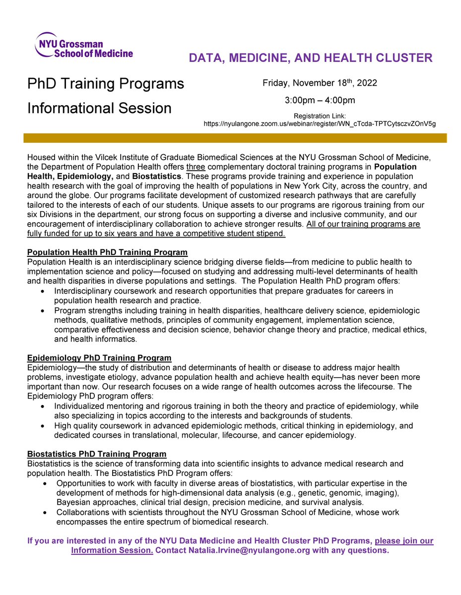 Interested in a career that bridges the worlds of public health &amp; medicine? Join us on 11/18, 3-4pm for our PhD Training Programs Informational Session to learn about our 3 complementary doctoral programs in Population Health, Epidemiology, &amp; Biostatistics bit.ly/3U4xcpT