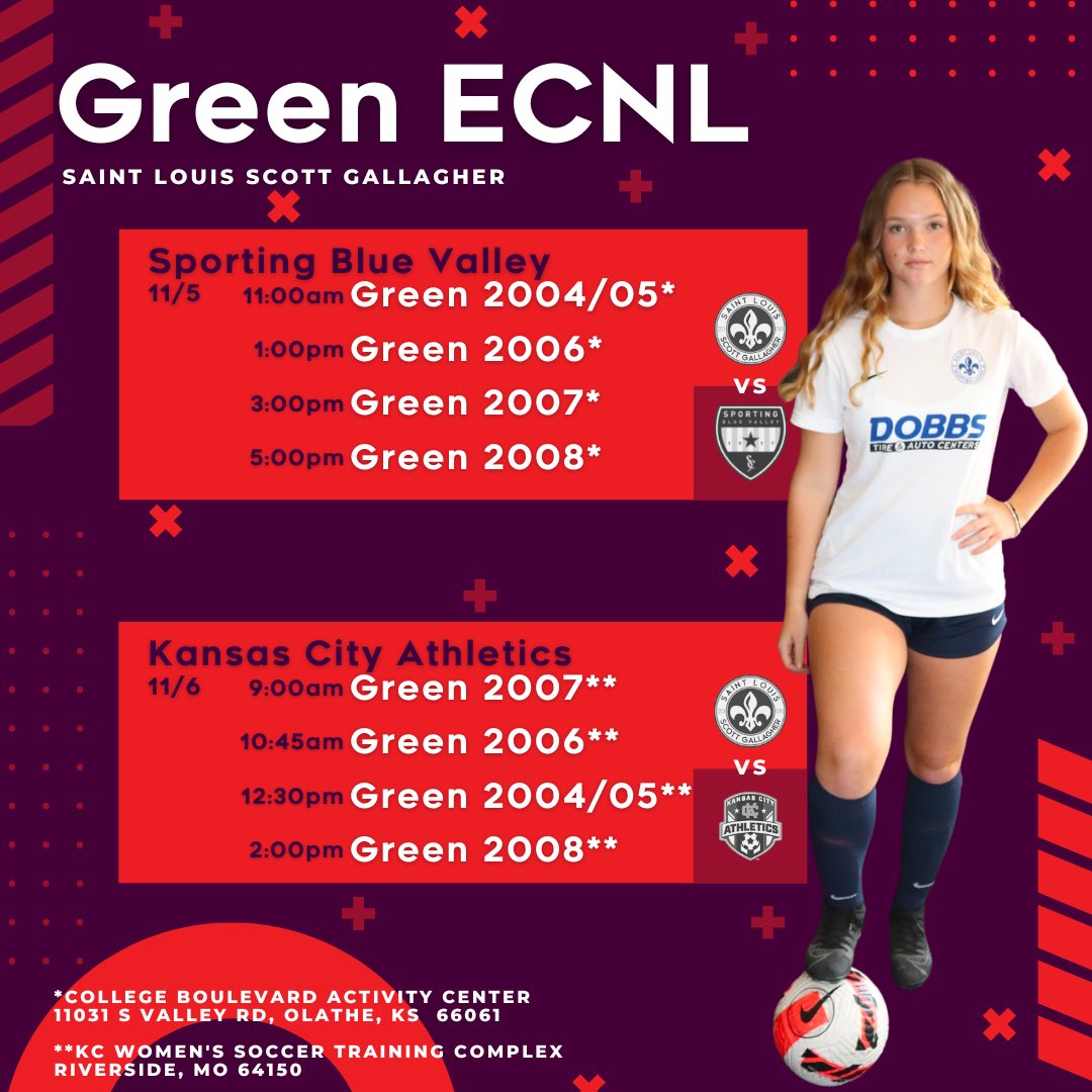 SLSGECNLGirls's tweet photo. @SLSGECNLGirls are back on the road for another @ECNLgirls #MidwestConference game this weekend. 

🆚 @AthleticsKCECNL 
🆚 @SBV_ECNL 

@SLSGsoccer #WeAreScottGallagher #MoreThanAGame

👀 schedule 👇 https://t.co/UhU0SC3zG1