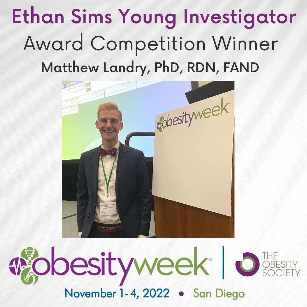 TheGuyititian's tweet photo. Very honored to be selected as an Ethan Sims Young Investigator Award winner at @ObesitySociety’s #ObesityWeek2022. Enjoyed sharing my work on “Diet Fatigue” alongside some amazing other early career investigators. #Guyititian https://t.co/gG1Ni4DpbD