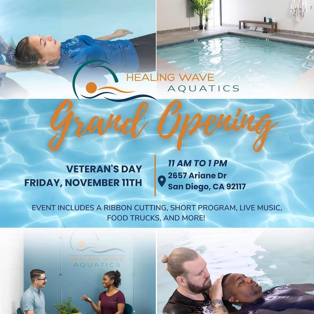 Join Nov. 11th at 11am for the Grand Opening Celebration at the Healing Wave Aquatics facility. There will be a ribbon-cutting ceremony, music, food, refreshments, and tours of the facility which helps local veterans.

Tickets: eventbrite.com/e/healing-wave…

#SanDiegoNonprofits