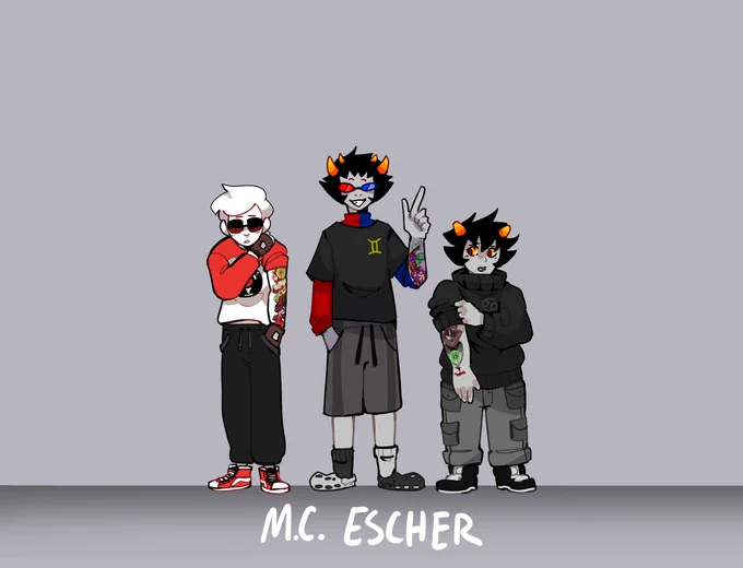 I've been utterly OBSESSED with 's fics over the past few months, so I challenged myself to draw EVERY ITERATION of Karkat, Sollux, and Dave across their series. SO HERE THEY ARE, DaveSolKat across the 'Undaverse'! <3[#homestuck #home22tuck] 
