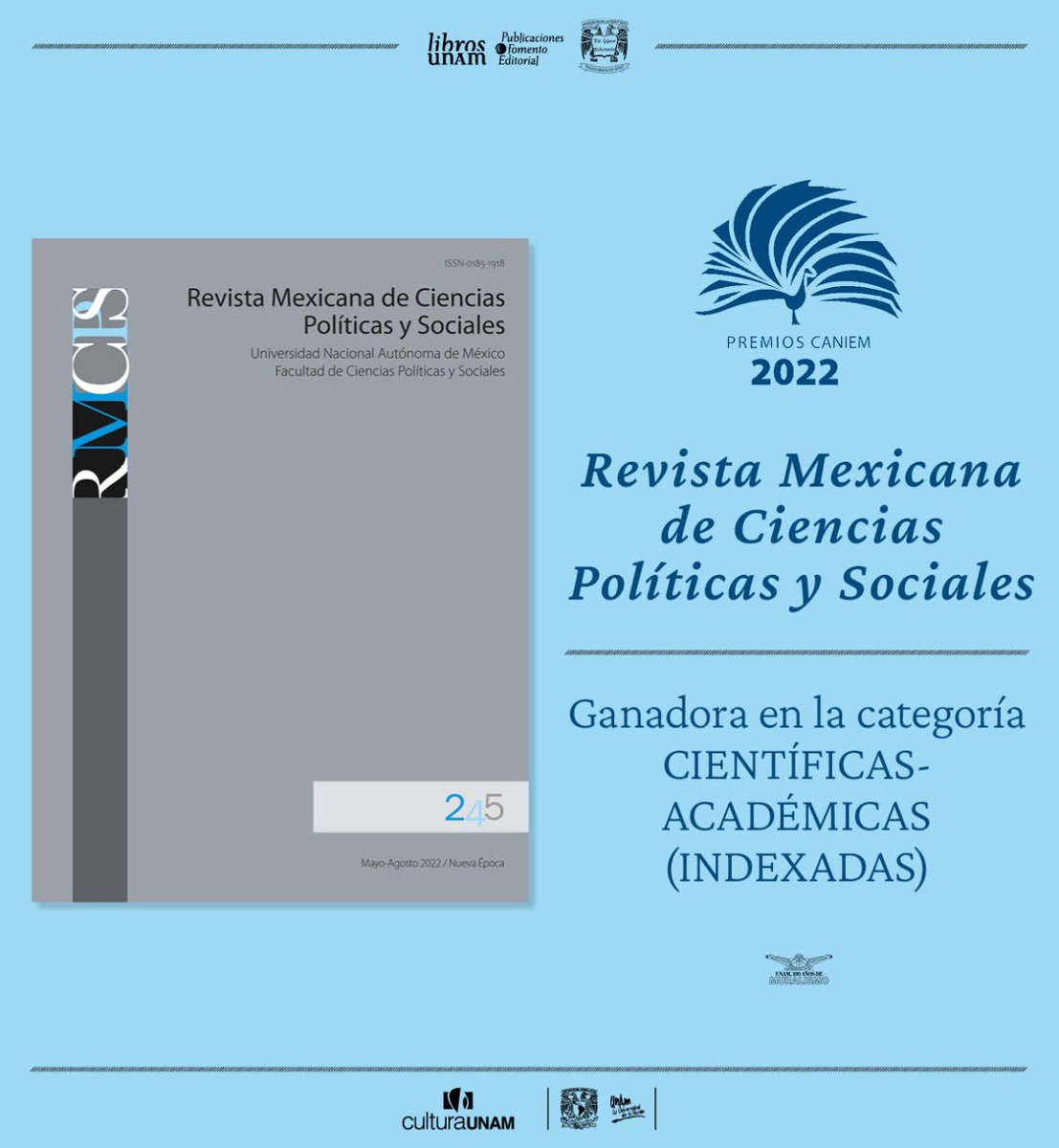 El día de ayer, la Cámara Nacional de la Industria Editorial Mexicana entregó a la RMCPyS el #PremioCANIEM al Arte Editorial 2022, en la categoría “científicas-académicas” (indexadas). 

*📸 vía <a href="/librosunam/">Libros UNAM</a> 

#UNAM | #FCPyS | #RMCPyS 1/2