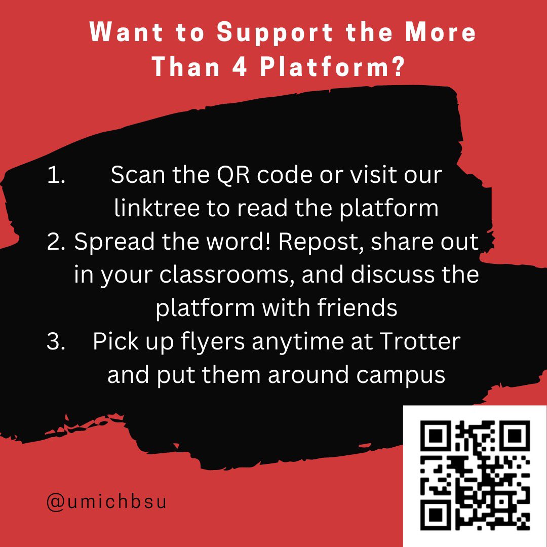 THEBSU's tweet photo. Want to support the MORE THAN FOUR platform? Here are a few ways to get involved!

•Spreading the message of our platform to classes and orgs

•Help put up posters around campus

•Reading and understanding our 4 tenets https://t.co/Jx4i83dxfw