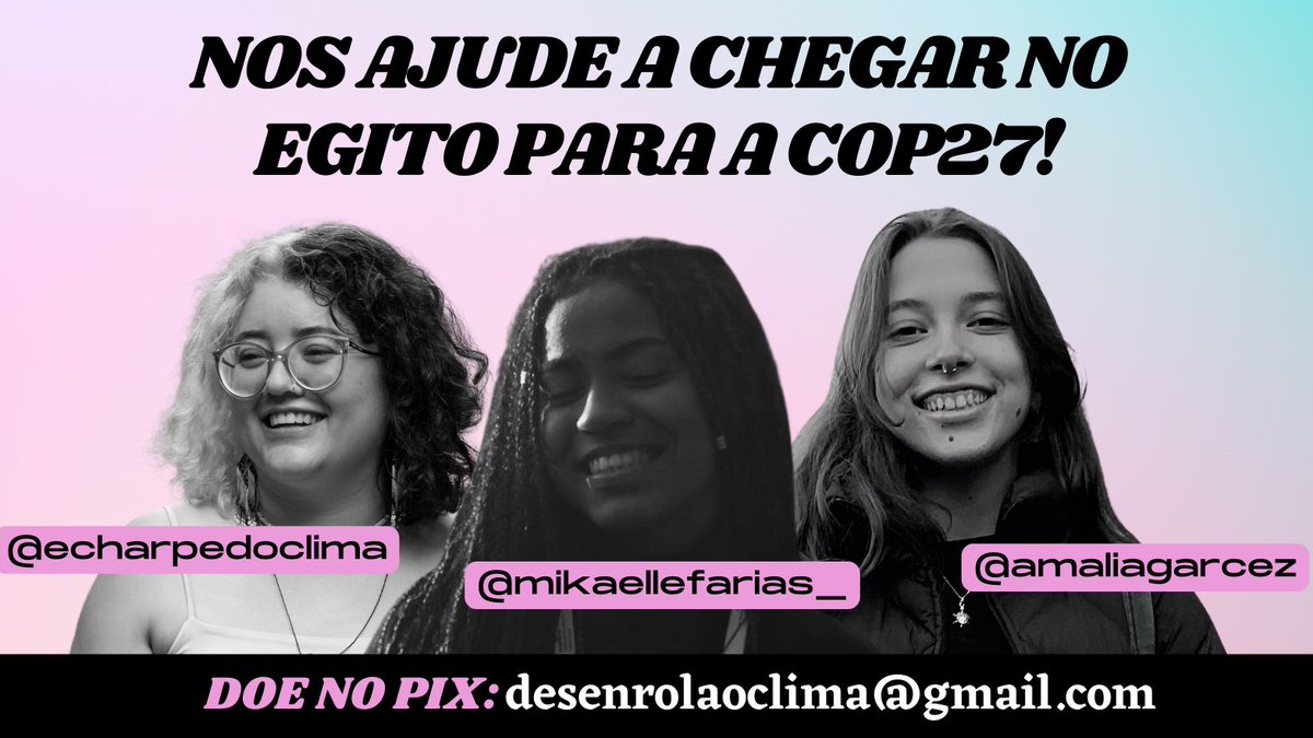 Garota da Echarpe Climática (@echarpedoclima) on Twitter photo BORA GALERA AMBIENTALISTAS!🌱
Eu e mais duas ativistas estamos precisando da sua colaboração pra chegar na #COP27 no Egito! Precisamos de R$8 mil reais para cobrir custos essenciais na conferência!
Doem através do pix: desenrolaoclima@gmail.com
<a href="/mikaellefarias_/">Mikaelle Farias #SemAnistia</a> <a href="/amaliagarcez/">Mali climática</a> BORA GALERA AMBIENTALISTAS!🌱
Eu e mais duas ativistas estamos precisando da sua colaboração pra chegar na #COP27 no Egito! Precisamos de R$8 mil reais para cobrir custos essenciais na conferência!
Doem através do pix: desenrolaoclima@gmail.com
<a href="/mikaellefarias_/">Mikaelle Farias #SemAnistia</a> <a href="/amaliagarcez/">Mali climática</a>