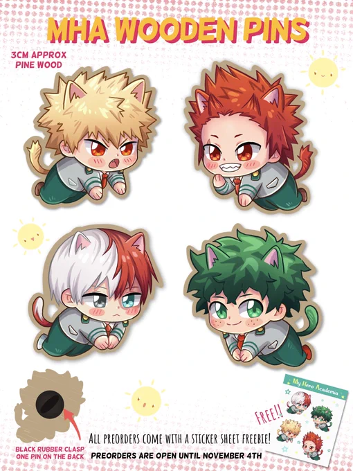 LAST DAY TO PREORDER!!Remember that all preorders get a free sticker sheet! Sk8 the Infinity and My Hero Academia wooden pins 
