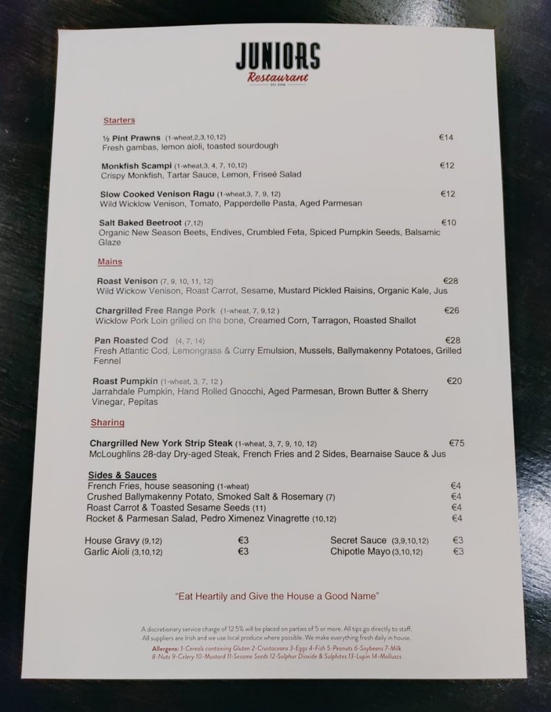 Dinner menu for Saturday Nov 5th <a href="/JuniorsDeliCafe/">Juniors Restaurant</a>. Looking forward to being back on the pans for this. Almost fully booked, last tables at juniors.ie

#dublinfood #irishfood #juniorsdublin
