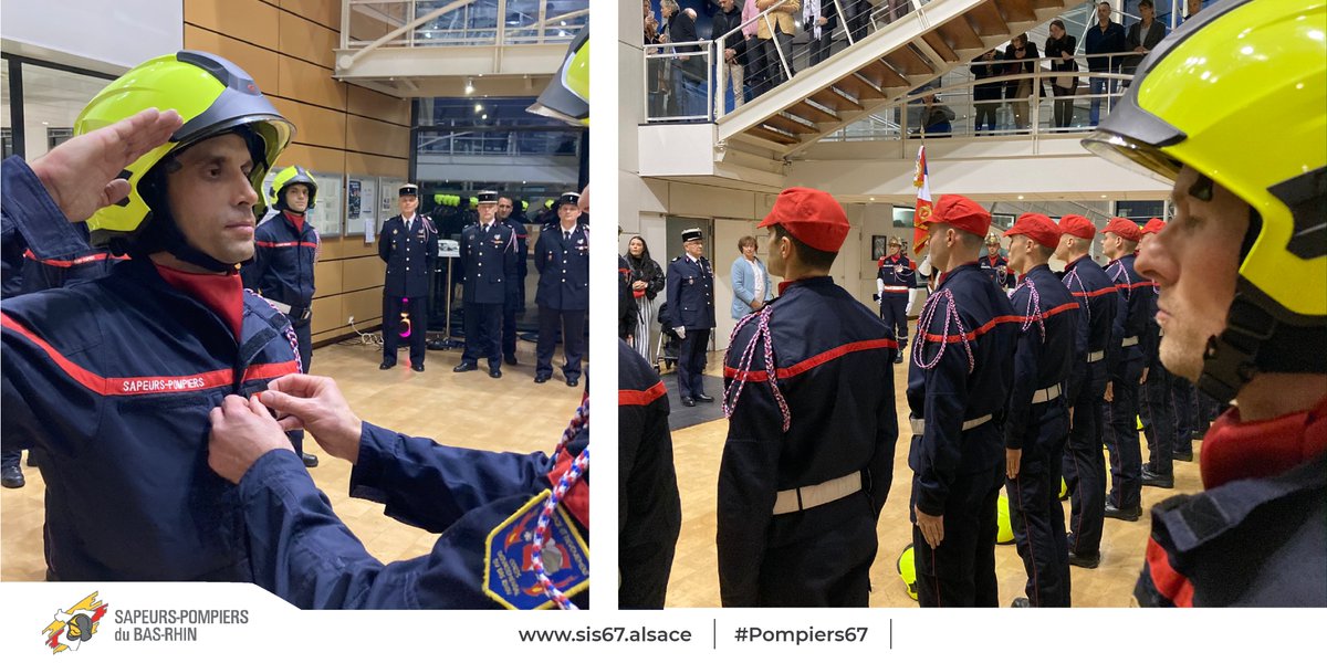 sdis67's tweet photo. Ce soir a eu lieu la cérémonie de remise des casques, galons et affectations ainsi que le baptême de la promotion « adjudant-chef Pascal Emma » composée des 15 #Pompiers67 de la #FI61 en présence notamment du colonel Bruno Cesca, directeur départemental adjoint et de Mme Emma. https://t.co/4H0XZROFS8