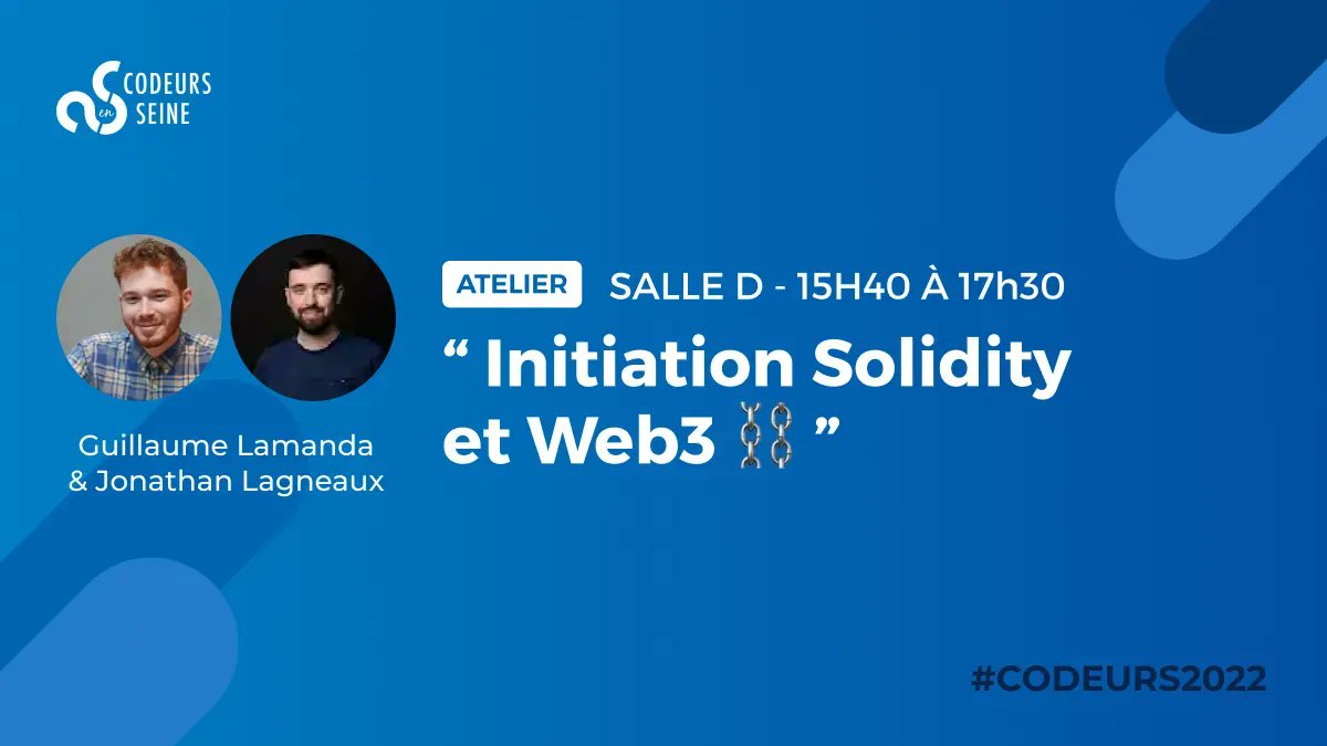 [ #Codeurs2022 - Atelier] 15h40 à 17h30 - Salle D
Venez vous initier au fonctionnement d’un Smart Contract dans cet initiation Solidity et Web3 par <a href="/glamanda_/">Lamanda Guillaume</a> et <a href="/Gosunet/">Jonathan Lagneaux</a>
👉 Inscription à cet atelier (places limitées à 50) : buff.ly/3fEwS25
