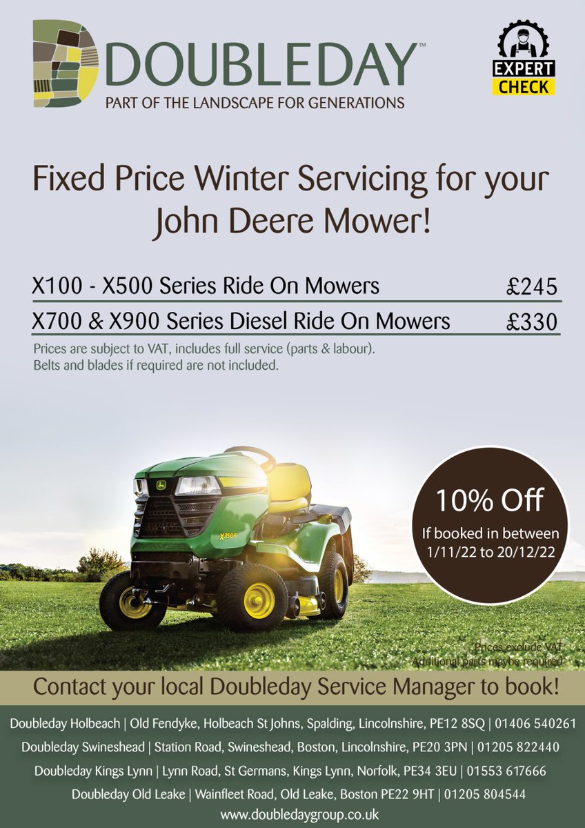 Take advantage of our fixed price winter servicing for your John Deere mower! Call your Doubleday Service Manager to book in before 20th December 2022 to receive 10% off - doubledaygroup.co.uk/contact-us/ #ExpertCheck #InSkilledHands