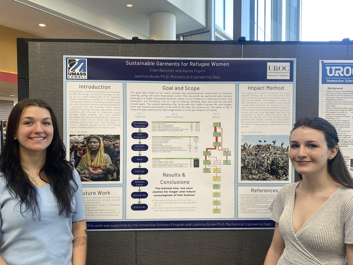 BurekLab's tweet image. Massachusetts #textile #landfill disposal #wasteban is now in effect! Alyssa @UMLEngineering &amp;amp; Ellen @ManningUML present their #undergraduateresearch on Sustainable Garments for #RefugeeWomen. We show #climatechangeimpacts of #clothing #donations @SustainableUML @UMLResearch