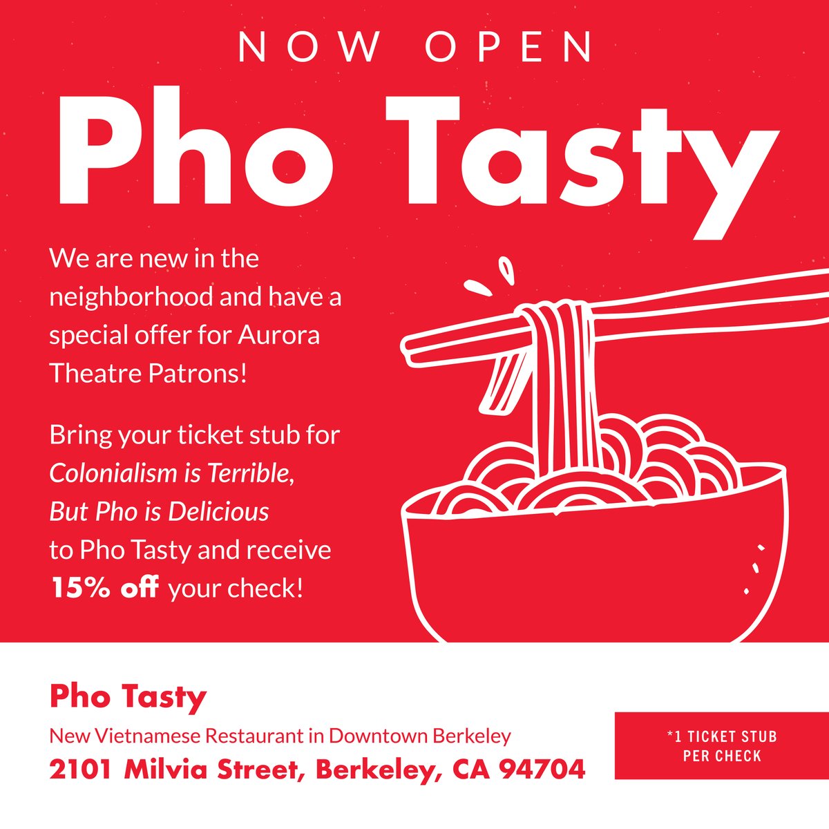 AuroraTheatreCo's tweet image. Love Pho?
Buy a ticket to Colonialism is Terrible, But Pho is Delicious and get 15% off your check at Pho Tasty!

11/4-12/4 
*One ticket discount per check
loom.ly/A-bxyF4

#pho #play #theatre @welovepho