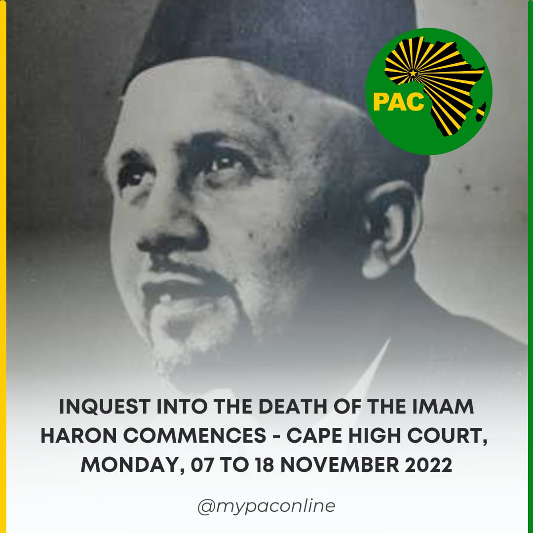 apapooe1's tweet image. Please be aware that the inquest into the death in prison of the late Africanist, Imam Haron commences on Monday 7/11/22 @ Cape High Court.

Haron was killed in detention in 1969.

@MyPAConline encourages its members to attend the inquest (7-18th Nov 22)

Izwe Lethu IAfrika 🤚🏾